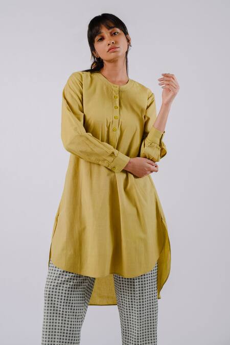 Shop_Tussah By Siddhi Shah_Green Cotton Plain Round Collar High Low Tunic  _Online_at_Aza_Fashions