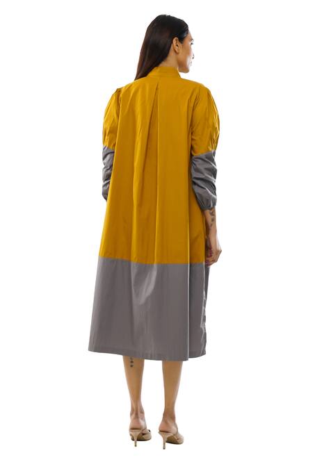 Shop_Khat_Yellow Poplin, Cotton Mandarin Collar Color Block Dress And Pant Co-ord Set 