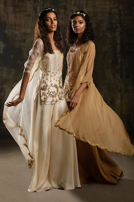 Buy_Mona And Vishu_Ivory Silk, Organza Zari, Beads Asymmetric Hem Embellished Jacket Kurta Set _Online_at_Aza_Fashions