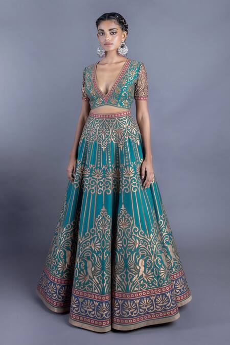 Abhishek Gupta Green Katan Silk Lining Shantoon Embroidery V Neck Blouse And Lehenga Set Online at Aza Fashions Abhishek Gupta_Green Katan Silk Lining Shantoon Embroidery V Neck Blouse And Lehenga Set _Online_at_Aza_Fashions