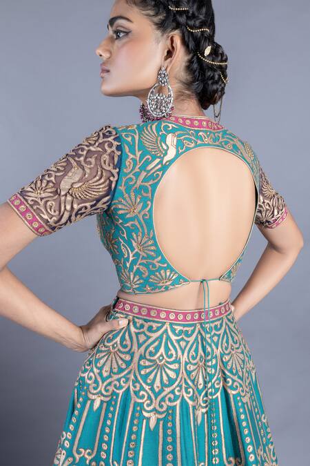 Buy Abhishek Gupta Green Katan Silk Lining Shantoon Embroidery V Neck Blouse And Lehenga Set Online at Aza Fashions Buy_Abhishek Gupta_Green Katan Silk Lining Shantoon Embroidery V Neck Blouse And Lehenga Set _Online_at_Aza_Fashions