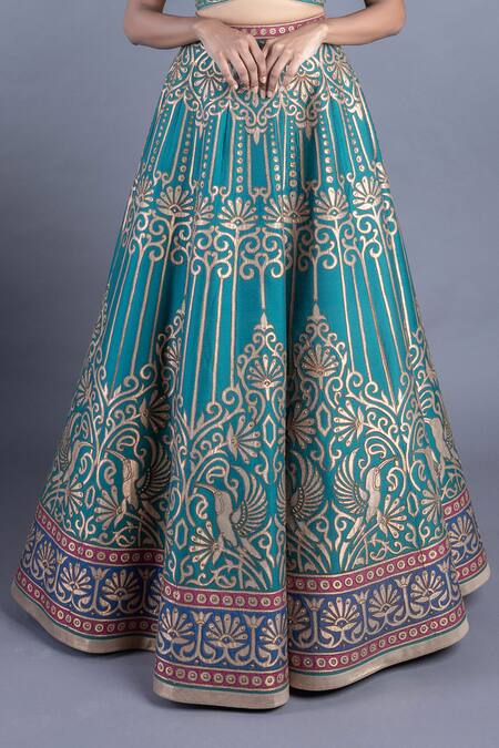 Abhishek Gupta Green Katan Silk Lining Shantoon Embroidery V Neck Blouse And Lehenga Set at Aza Fashions Abhishek Gupta_Green Katan Silk Lining Shantoon Embroidery V Neck Blouse And Lehenga Set _at_Aza_Fashions