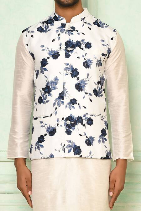 Arihant Rai Sinha_White Jersey Embroidery Floral Jute Nehru Jacket_at_Aza_Fashions