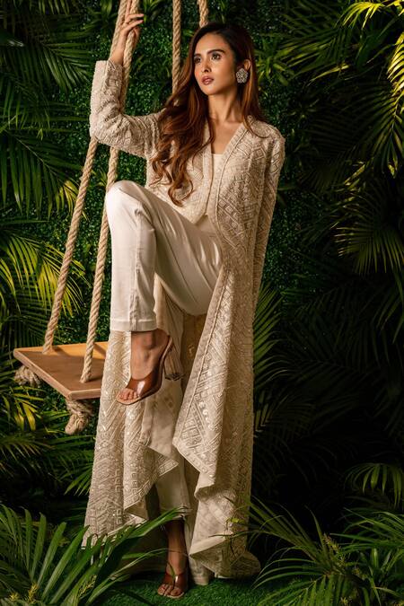 Pallavi Poddar_Ivory Satin, Lycra, Net Sequins, Embroidered Geometric Pattern Jacket And Pant Set _Online_at_Aza_Fashions