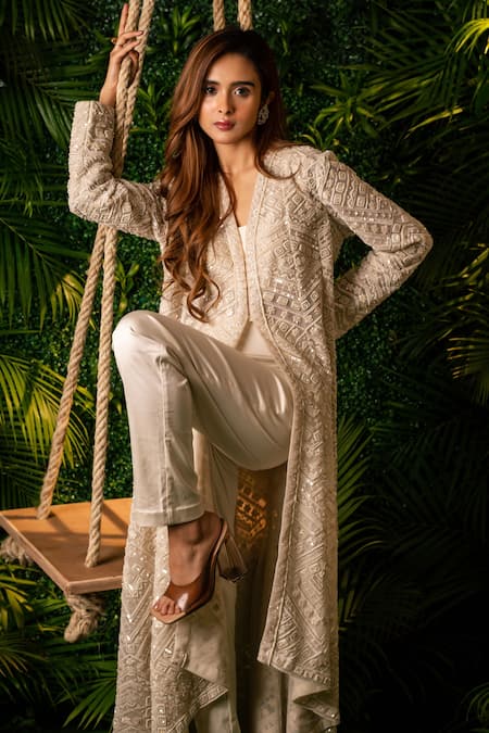Shop_Pallavi Poddar_Ivory Satin, Lycra, Net Sequins, Embroidered Geometric Pattern Jacket And Pant Set _Online_at_Aza_Fashions