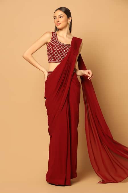 Two Sisters By Gyans_Maroon Chiffon Embroidery, Mirrors Round Neck Cape And Pre-draped Saree Set _Online_at_Aza_Fashions
