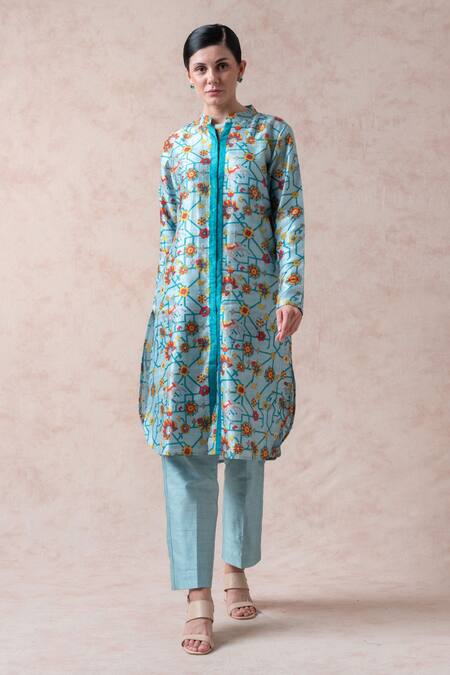 Thetaa Sky Blue Dupion Silk Floral Band Collar Kurta Set Online at Aza Fashions Thetaa_Sky Blue Dupion Silk Floral Band Collar Kurta Set_Online_at_Aza_Fashions