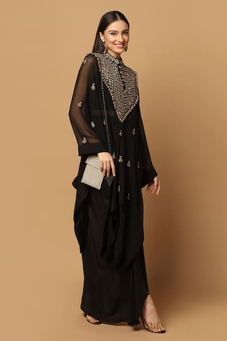 Two Sisters By Gyans_Black Georgette, Crepe Beads Dabka Embroidered Kaftan Cape With Draped Skirt Set _at_Aza_Fashions