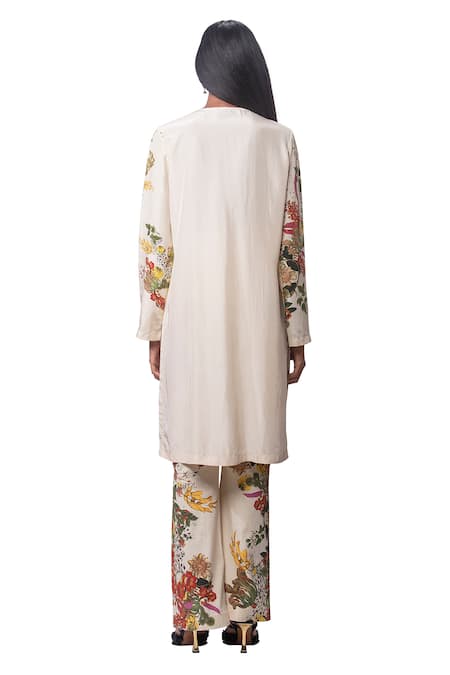 Shop_AK-OK_Cream Lycra Floral Round Kurta And Bell Bottom Pant Set  _at_Aza_Fashions