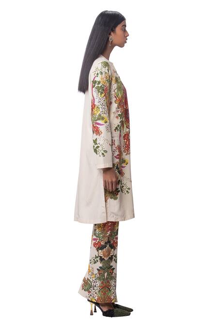 AK-OK_Cream Lycra Floral Round Kurta And Bell Bottom Pant Set  _Online_at_Aza_Fashions