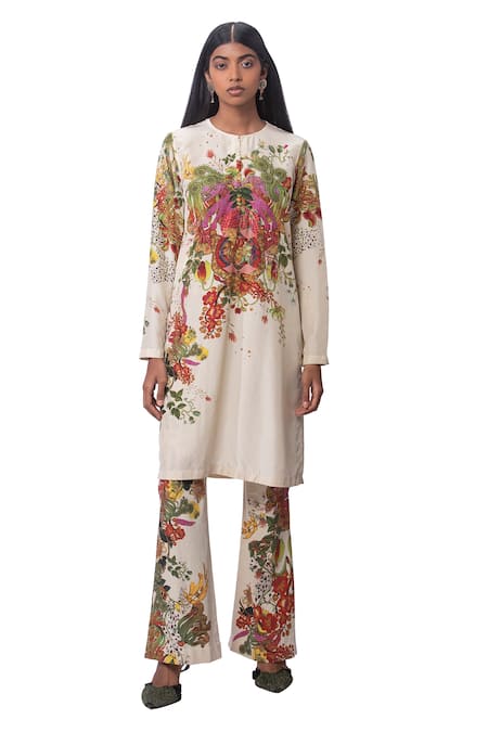 Buy_AK-OK_Cream Lycra Floral Round Kurta And Bell Bottom Pant Set  _Online_at_Aza_Fashions