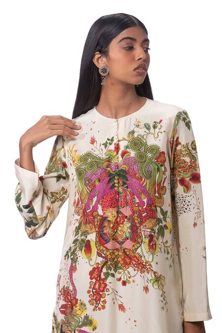 Shop_AK-OK_Cream Lycra Floral Round Kurta And Bell Bottom Pant Set  _Online_at_Aza_Fashions