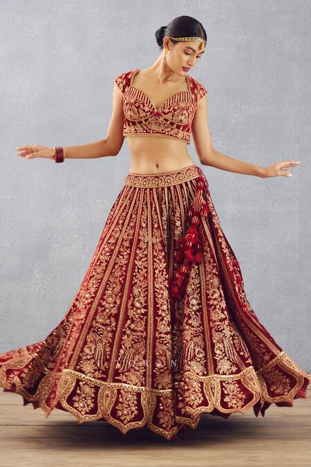 Torani Red Silk Velvet And Butterfly Net Thread & Sindoori Turvi Bridal Lehenga Set Online at Aza Fashions Torani_Red Silk Velvet And Butterfly Net Thread & Sindoori Turvi Bridal Lehenga Set _Online_at_Aza_Fashions
