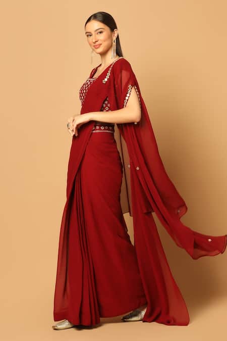 Buy_Two Sisters By Gyans_Maroon Chiffon Embroidery, Mirrors Round Neck Cape And Pre-draped Saree Set _Online_at_Aza_Fashions