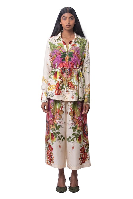 AK-OK_Cream Lycra Floral Print Spread Collar Shirt And Culottes Set_Online_at_Aza_Fashions