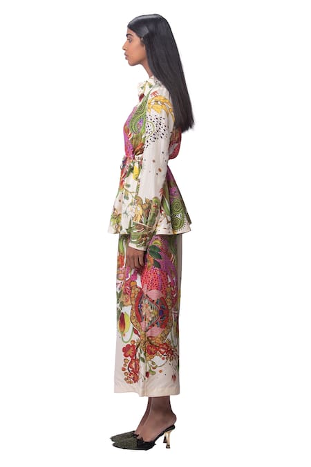 Buy_AK-OK_Cream Lycra Floral Print Spread Collar Shirt And Culottes Set_Online_at_Aza_Fashions