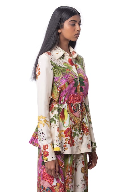 Shop_AK-OK_Cream Lycra Floral Print Spread Collar Shirt And Culottes Set_Online_at_Aza_Fashions