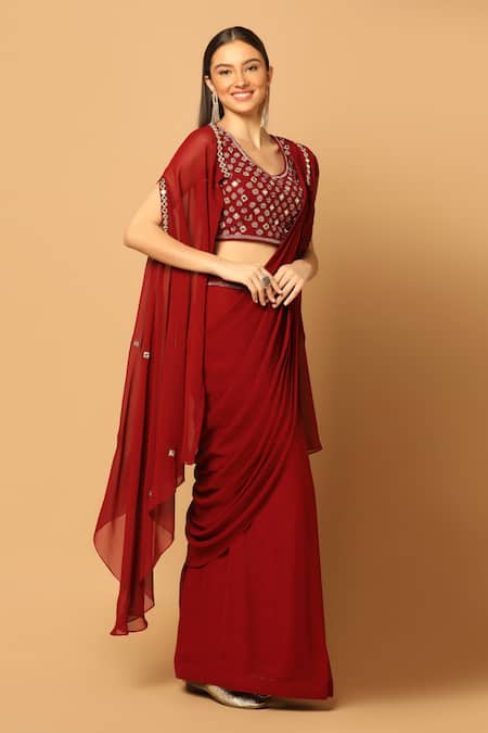 Shop_Two Sisters By Gyans_Maroon Chiffon Embroidery, Mirrors Round Neck Cape And Pre-draped Saree Set _Online_at_Aza_Fashions