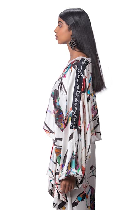 Shop_AK-OK_Multi Color 100% Pure Silk Abstract Print V Neck Top And Draped Skirt Set_Online_at_Aza_Fashions