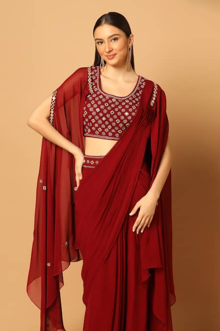 Two Sisters By Gyans_Maroon Chiffon Embroidery, Mirrors Round Neck Cape And Pre-draped Saree Set _at_Aza_Fashions