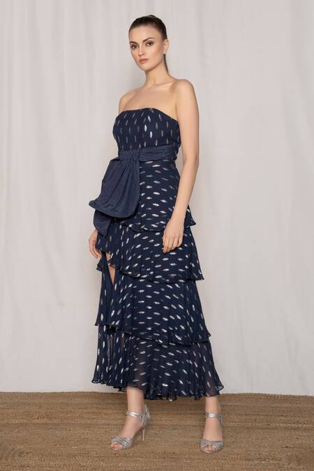 Shop Amrta By Guneet Kondal Blue Viscose Metallic Thread, Bows Square Neck Tube Top And Wrap Skirt Set Online at Aza Fashions Shop_Amrta By Guneet Kondal_Blue Viscose Metallic Thread, Bows Square Neck Tube Top And Wrap Skirt Set _Online_at_Aza_Fashions