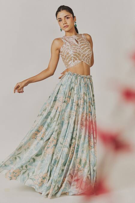 Shop_Anu Pellakuru_Sky Blue Muslin, Silk Pleated Floral Pattern Lehenga With Embellished Crop Top