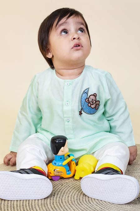 Little Boys Closet by Gunjan Khanijou Green Cotton Silk Embroidered Kurta Set