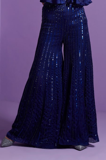 Parul Gandhi Blue Satin, Organza, Cotton Sequins, Crystals Eclipse Embroidered Pant With Top at Aza Fashions Parul Gandhi_Blue Satin, Organza, Cotton Sequins, Crystals Eclipse Embroidered Pant With Top _at_Aza_Fashions