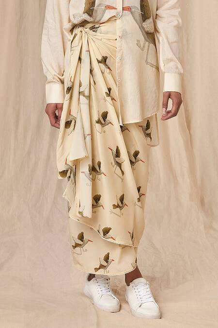 Buy_Masaba_Ivory Heavy Natural Crepe Printed Gold Finch Draped Skirt 