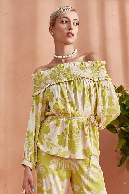Shop_Label Deepika Nagpal_Green Silk Satin Embroidery Off-shoulder Florence Off Frill Top With Belt_Online_at_Aza_Fashions