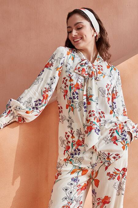 Buy_Label Deepika Nagpal_White Modal Embroidery Orchid Pattern Shirt And Pant Set _Online_at_Aza_Fashions