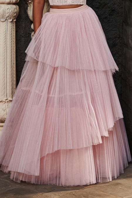 Shop_SAANJH BY LEA_Pink Satin, Net Layered Pleated Lehenga_Online_at_Aza_Fashions