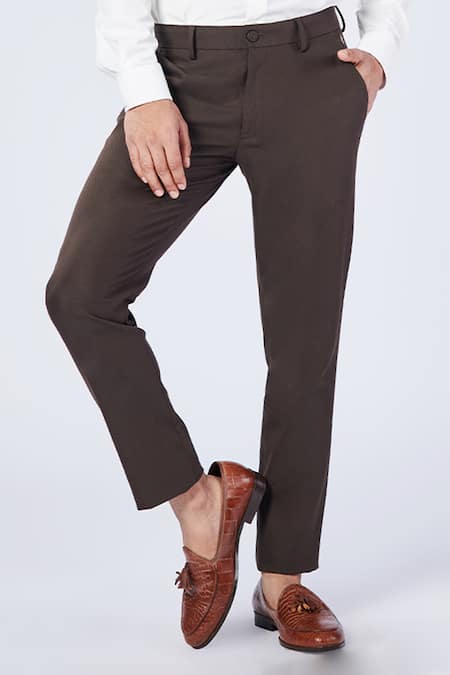 Shop S&N By Shantnu Nikhil Brown Cotton, Lycra, Polyester Faux Leather Strip Detailed Trouser at Aza Fashions Shop_S&N By Shantnu Nikhil_Brown Cotton, Lycra, Polyester Faux Leather Strip Detailed Trouser_at_Aza_Fashions