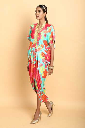 Vikram Phadnis_Blue Silk Printed Floral And Geometric Pattern V Neck Cowl Dress _Online_at_Aza_Fashions