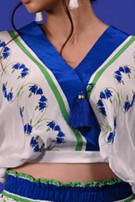 Shop Rimi Nayak White Modal V-neck Floral Print Overlapped Crop Top Online at Aza Fashions Shop_Rimi Nayak_White Modal V-neck Floral Print Overlapped Crop Top _Online_at_Aza_Fashions