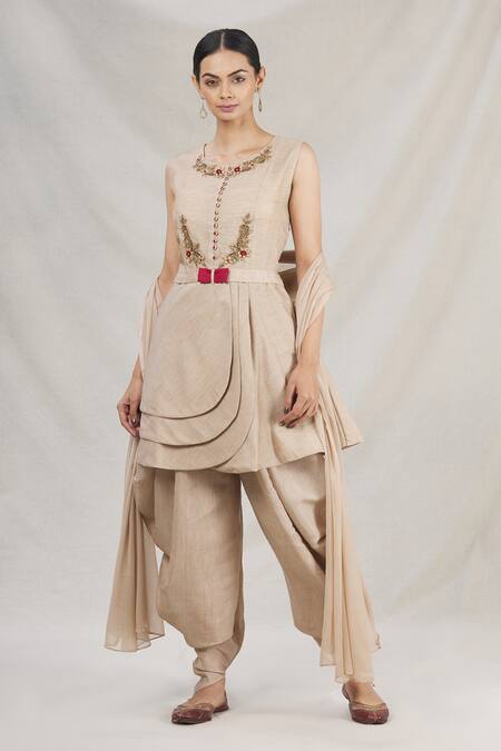 Buy_Naintara Bajaj_Beige Silk Georgette Embroidered Kurta And Dhoti Pant Set_Online_at_Aza_Fashions