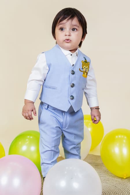 Shop Little Boys Closet Blue Cotton Embroidery Waistcoat And Shirt Pant Set at Aza Fashions Shop_Little Boys Closet_Blue Cotton Embroidery Waistcoat And Shirt Pant Set _at_Aza_Fashions