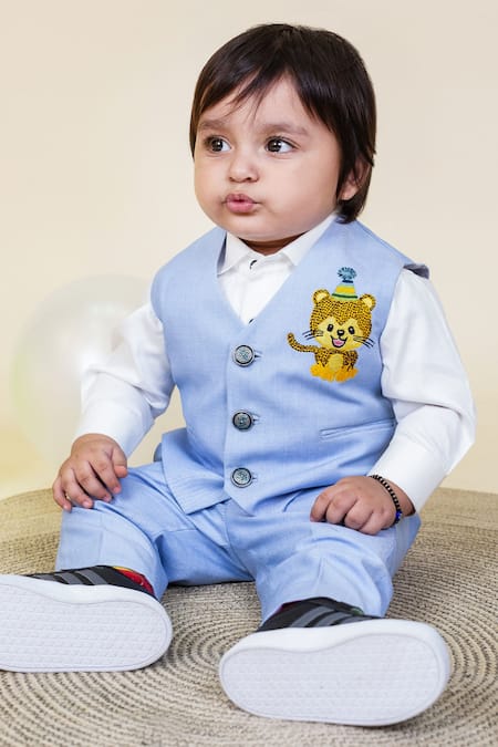 Little Boys Closet Blue Cotton Embroidery Waistcoat And Shirt Pant Set Online at Aza Fashions Little Boys Closet_Blue Cotton Embroidery Waistcoat And Shirt Pant Set _Online_at_Aza_Fashions