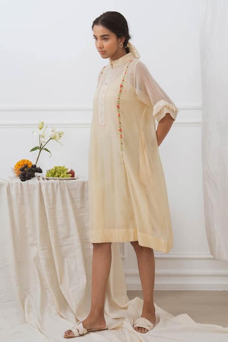 Dhaari_Beige Cotton Silk Kantha Mandarin Collar Handwoven Dress _Online_at_Aza_Fashions