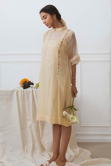 Buy_Dhaari_Beige Cotton Silk Kantha Mandarin Collar Handwoven Dress _Online_at_Aza_Fashions