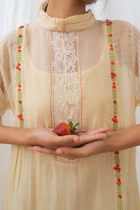 Shop_Dhaari_Beige Cotton Silk Kantha Mandarin Collar Handwoven Dress _Online_at_Aza_Fashions