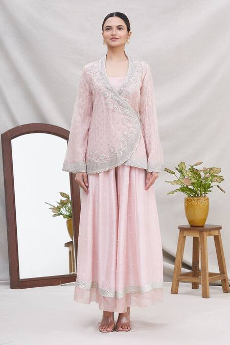Ekta Singh_Pink Silk, Organza V Neck Jacket And Gharara Set _Online_at_Aza_Fashions