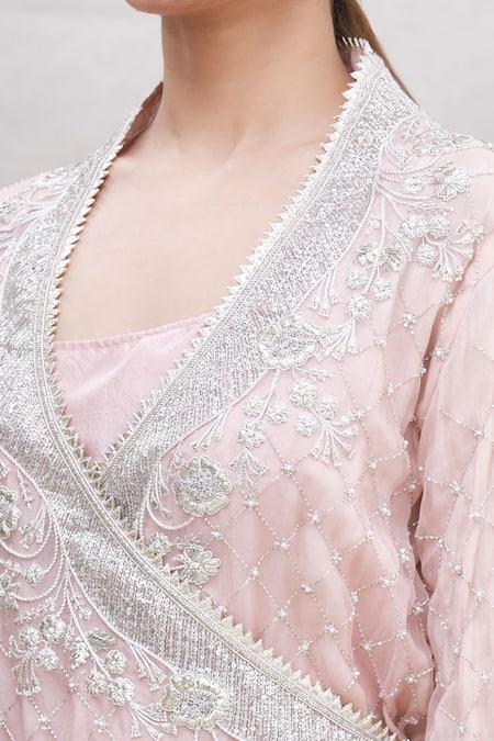 Ekta Singh_Pink Silk, Organza V Neck Jacket And Gharara Set _at_Aza_Fashions