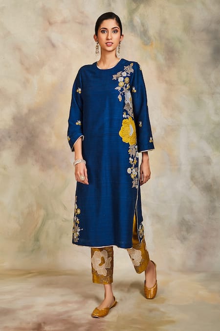 Sue Mue_Blue Raw Silk Round Embellished Kurta Set _Online_at_Aza_Fashions