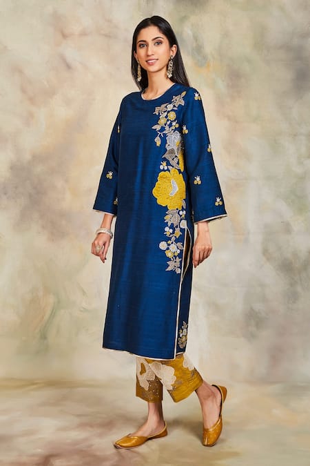 Buy_Sue Mue_Blue Raw Silk Round Embellished Kurta Set _Online_at_Aza_Fashions