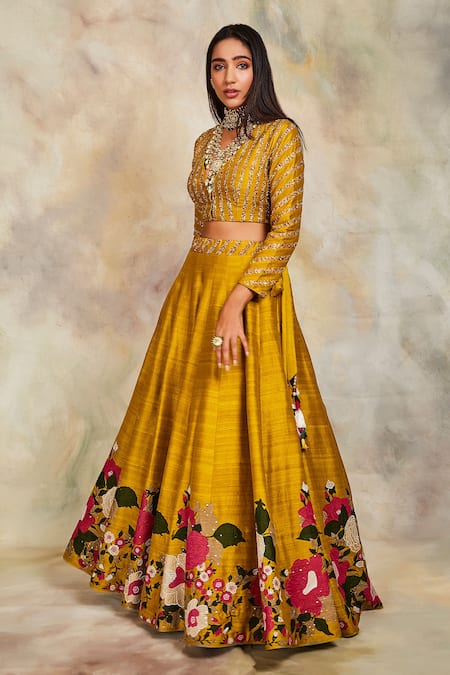 Sue Mue Yellow Raw Silk V Neck Embellished Lehenga Set Online at Aza Fashions Sue Mue_Yellow Raw Silk V Neck Embellished Lehenga Set _Online_at_Aza_Fashions