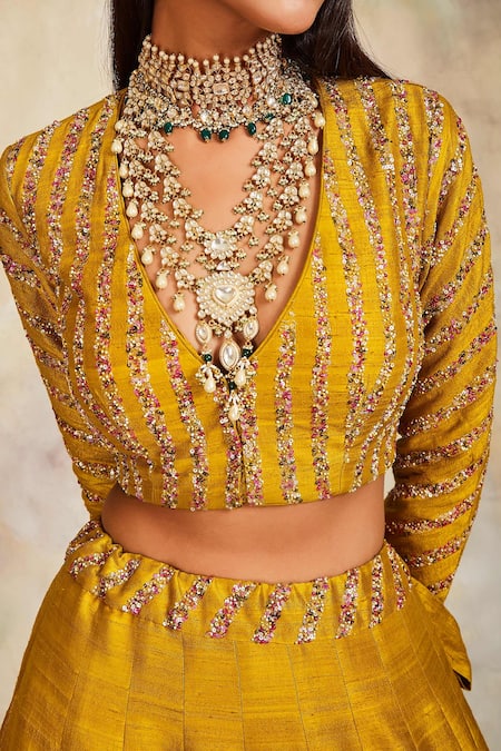 Shop Sue Mue Yellow Raw Silk V Neck Embellished Lehenga Set Online at Aza Fashions Shop_Sue Mue_Yellow Raw Silk V Neck Embellished Lehenga Set _Online_at_Aza_Fashions