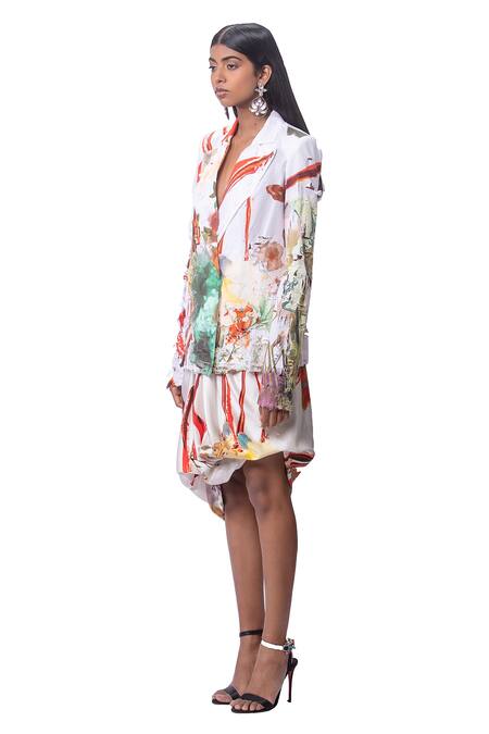 Shop_AK-OK_White Cotton Silk Abstract Print Lapel Collar Blazer And Draped Skirt Set_Online_at_Aza_Fashions