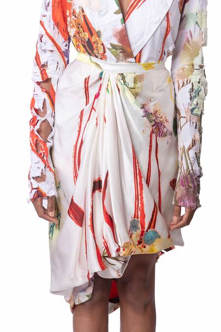 AK-OK_White Cotton Silk Abstract Print Lapel Collar Blazer And Draped Skirt Set_at_Aza_Fashions