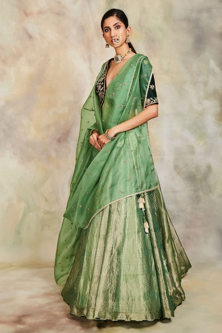 Sue Mue Green Tissue, Raw Silk And Organza V Neck Embroidered Lehenga Set Online at Aza Fashions Sue Mue_Green Tissue, Raw Silk And Organza V Neck Embroidered Lehenga Set _Online_at_Aza_Fashions